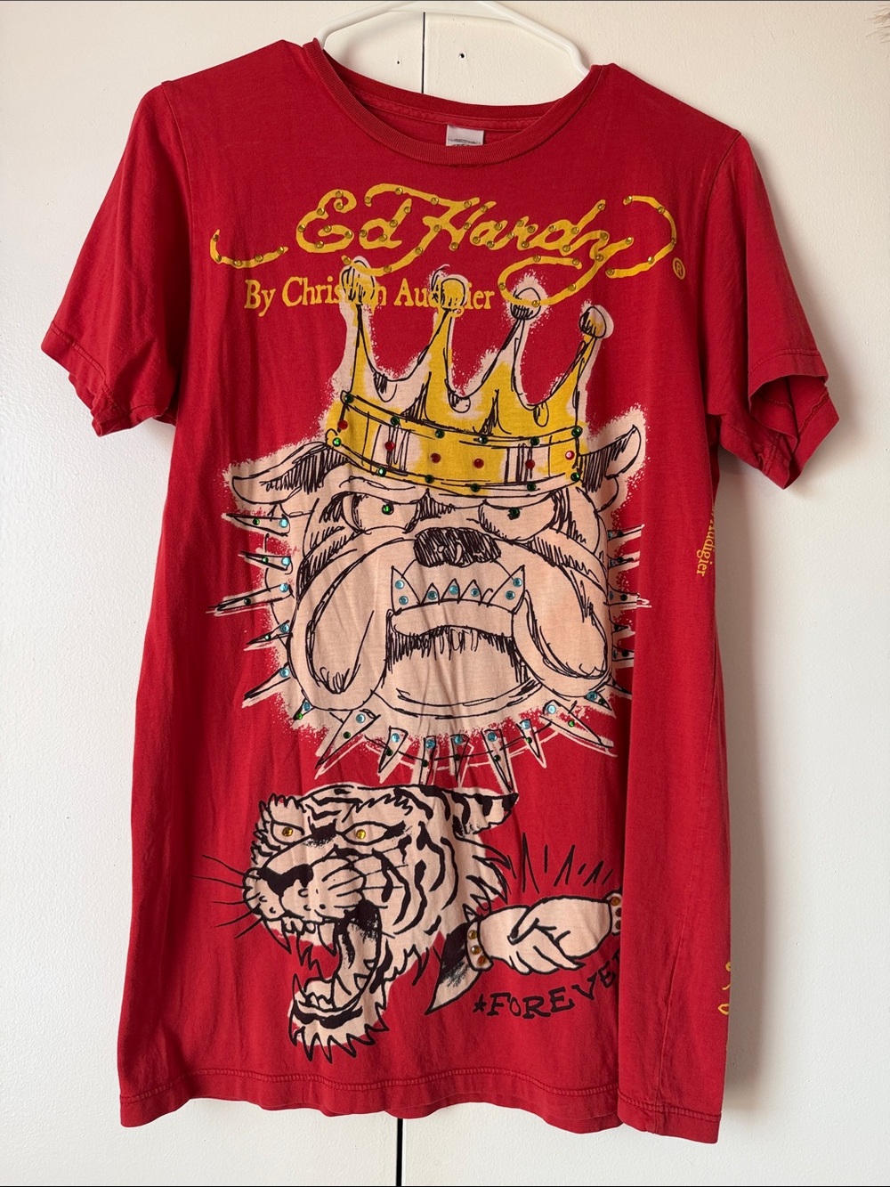 VINTAGE Ed Hardy Red Short-Sleeve Graphic Tee with Crowned Bulldog and Tiger